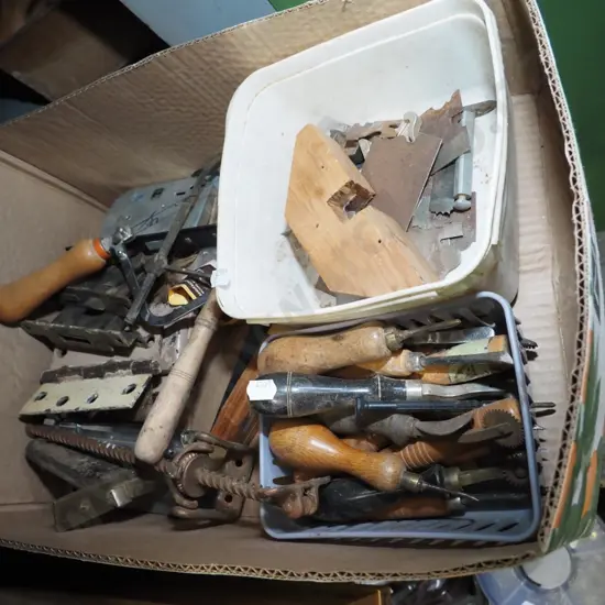 box; leather worker's tools, window hardware, door locks etc