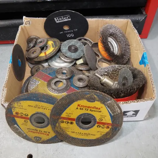 box; grinder disc, wire brushes, bearings etc