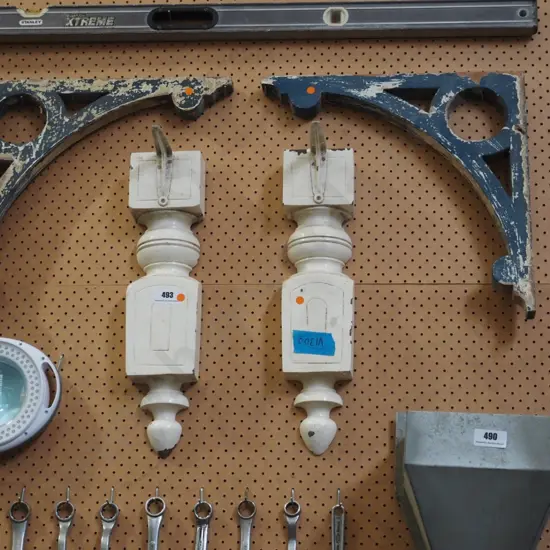 wooden architectural features - orange dots