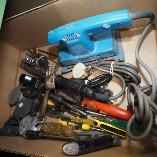 box; soldering iron, pulleys, orbital sander etc