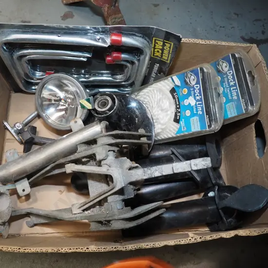 box; boating accessories, motor stand, rod holders etc