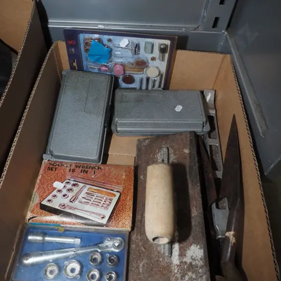 box; small socket set, hole saw etc