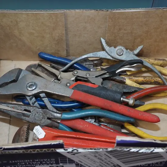 box; pliers, plumber's wrench etc