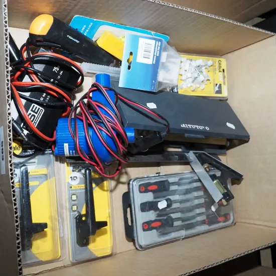 box;  calipers, screwdrivers, builder's square etc