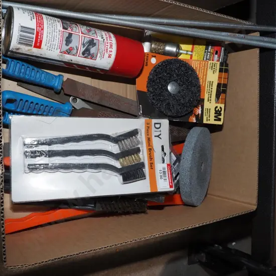 box; wire brushes, threaded rod, grinder discs etc