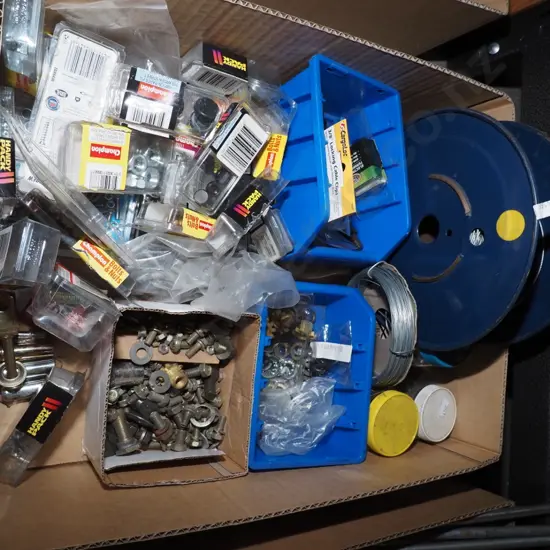 box; various nuts, bolts, washers, wire etc