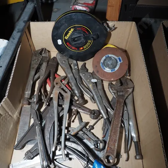 box; builder's tapes, vice grips, calipers etc