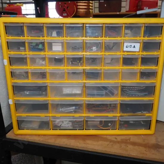 small plastic 45 drawer storage chest with electronic items H-400