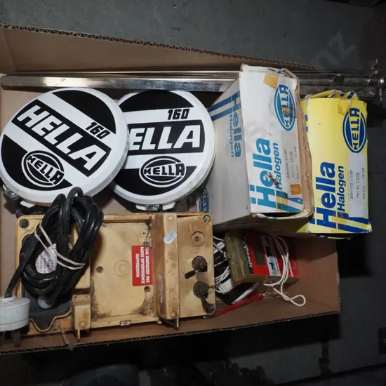 electric fence controller, car lights, small tripod