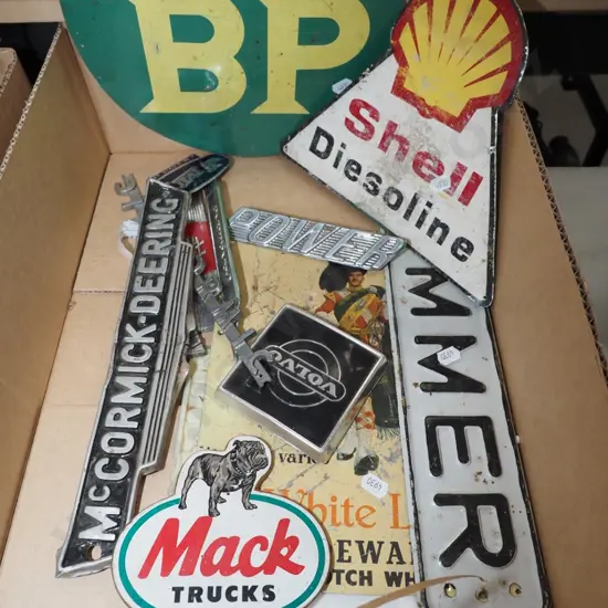 box; various signs, car badges