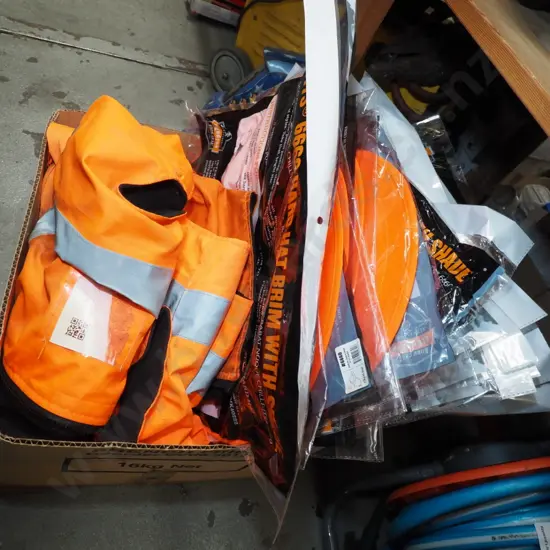box; hi-vis jackets, hard hat rim shades