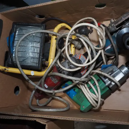 box; angle grinder, halogen lamp etc