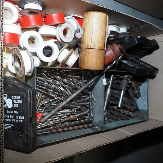 box; drill bits, drivers, plumber's tape etc