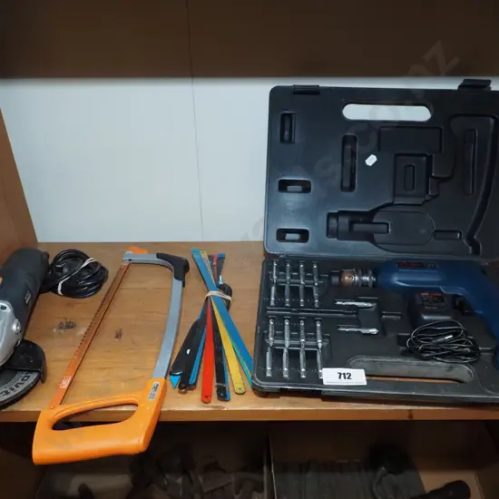 Ryobi cased electric drill, hack saw, angle grinder