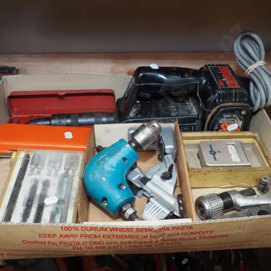 box; belt sander, pipe cutter, right angle drill adaptor