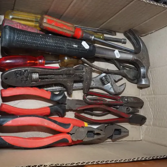 box; pilers, hammer, crescent etc