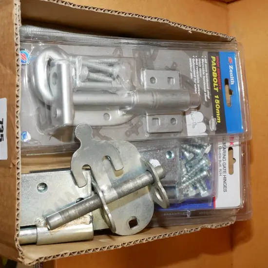 box of gate hinges, bolts etc