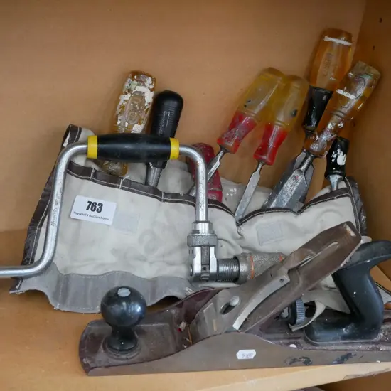 auger brace, chisels, hand plane