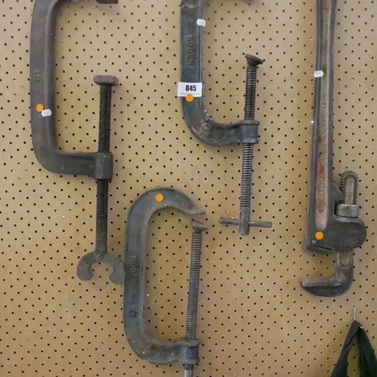 large 24'"plumbers stilson, 3 G clamps - orange dots