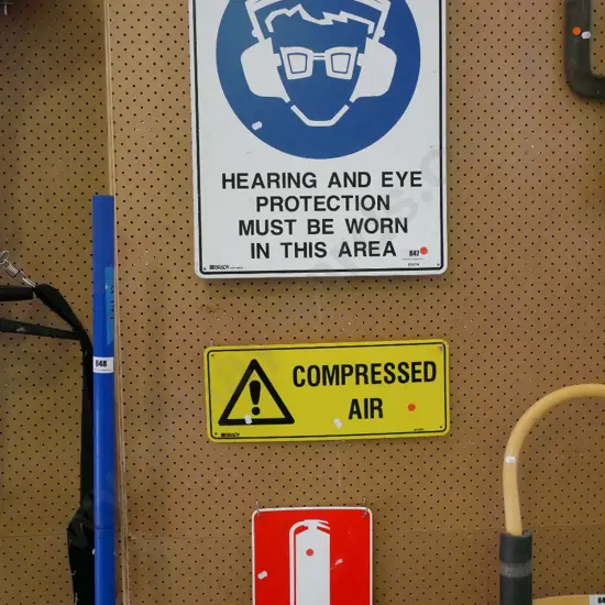 5x hearing and eye protection signs, compressed air sign, fire extinguisher sign - red dots