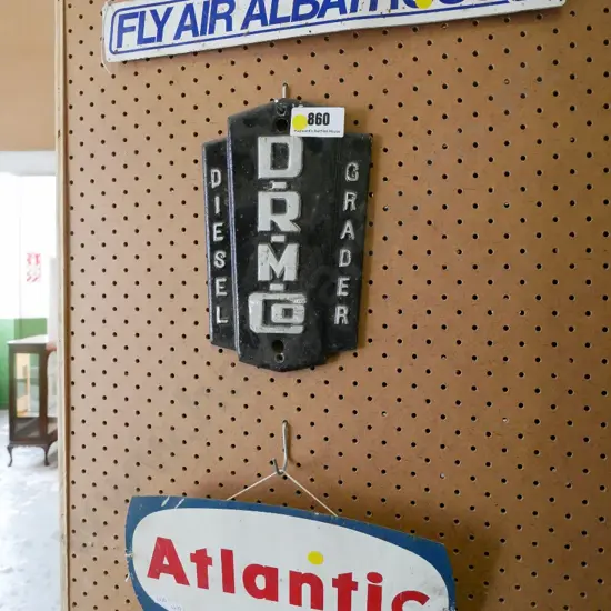 2 tin signs, cast metal grader badge - yellow dots