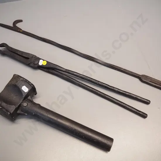 vintage cast iron blacksmith's tools - poker L-690, tongs and hammer