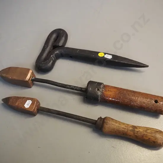 3 vintage tools - 2 soldering irons, longer L-380, and forged iron spike
