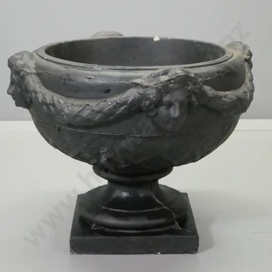 large classical style black painted cast concrete garden urn with lion heads - minor chips H500 D640