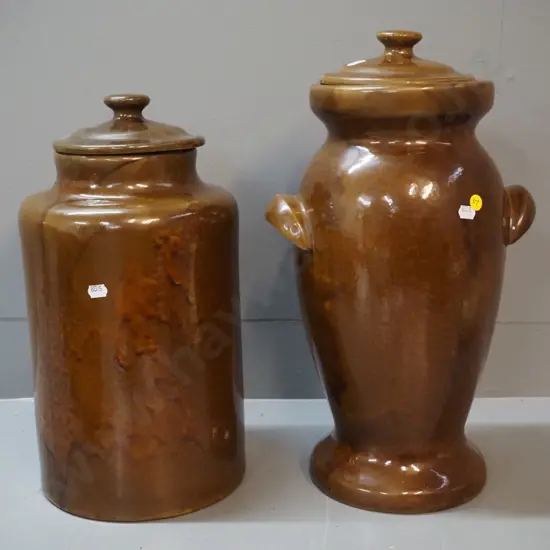 two heavy stoneware lidded containers - wide mouth crock and urn shaped H430, no maker's marks, lids not a perfect fit