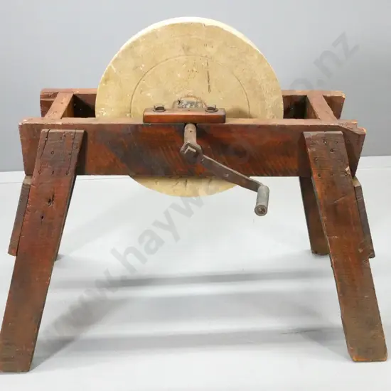 vintage large sharpening stone wheel on timber stand, some borer H-890 L-1090 D-580