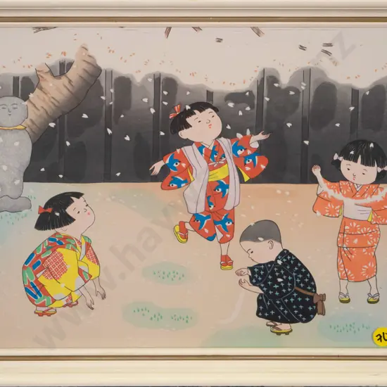framed Asian print - children playing H-240 W-350