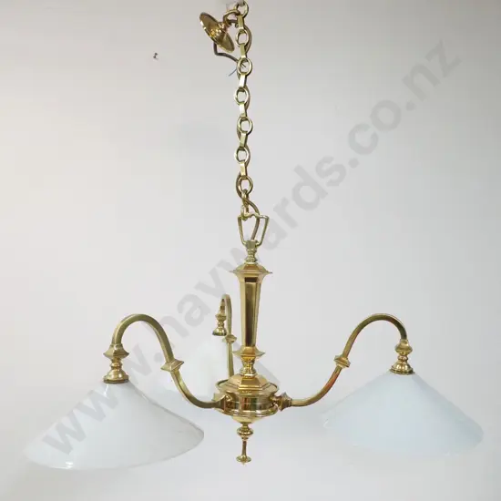 brass ceiling light fitting marked GEC England - 3 bulb with conical milk glass shades, w/chain & ceiling rose H390 W690