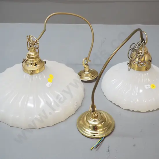 2 brass ceiling light fittings with ribbed opaque glass shades, chains and roses, slighty different, larger is H200 D280