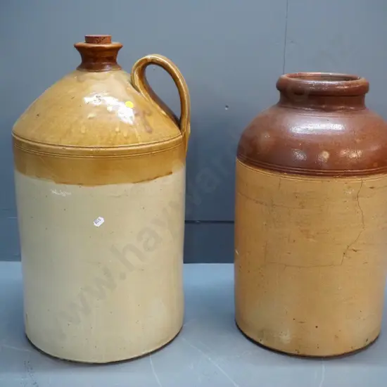 2 stoneware crocks - Royal Doulton Lambeth No. 5 handled narrow neck H-550 D300 & a wide mouth with prominent crack