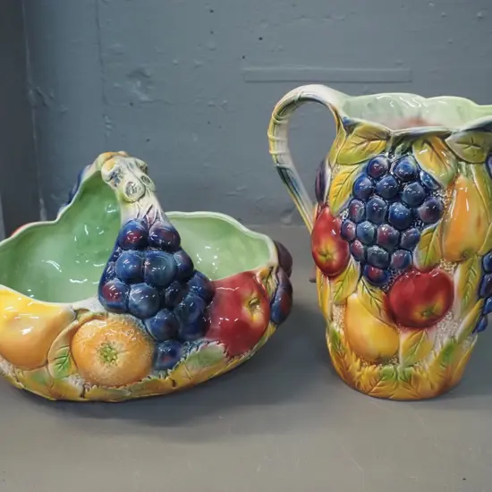 2 pieces of Falconware Autumn Fruits pattern china - jug H-200 and basket bowl L-250