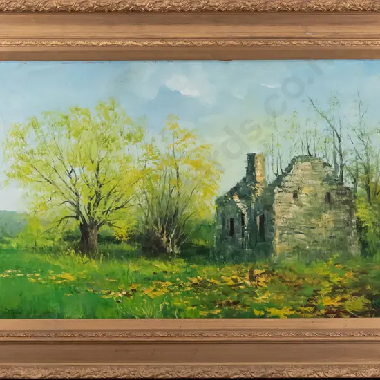 D Todd - gilt framed oil on board - derelict building H-590 W-890