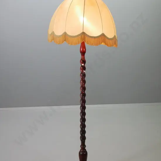 mahogany Jacobean twist standard lamp with empire shade - polish needs work on base, shade support bent H1760