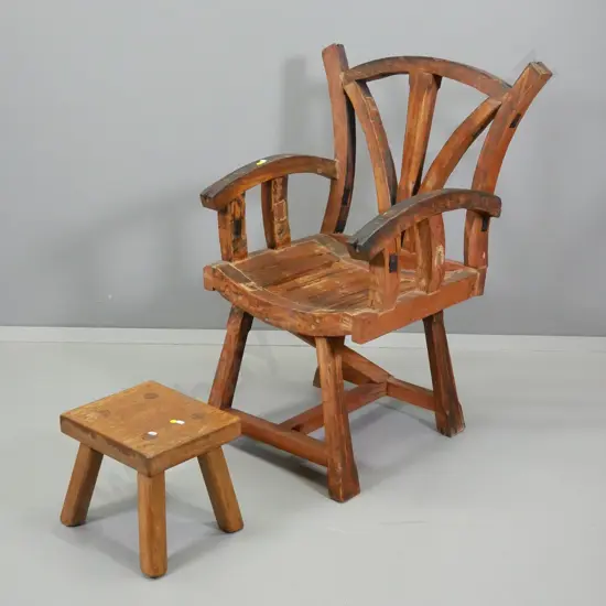 reproduction hardwood oriental-style armchair with antiqued finish, matching foot-stool. H-950 W-690 D-540