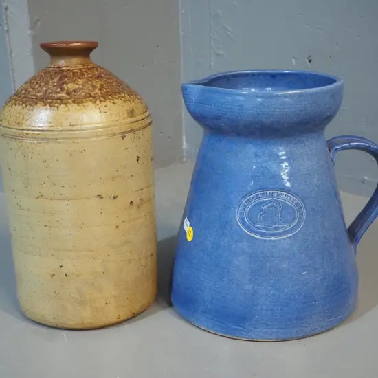 St. Martins Pottery Christchurch blue glaze large jug H-230 W-230 and a stoneware crock, no maker's mark