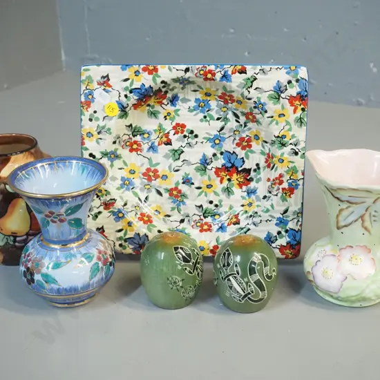 3 pieces English porcelain incl,. Tunstall Luscious vase, James Kent jug, Australian motif salt & pepper etc