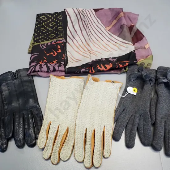 3 pairs of lady's gloves and a large silk scarf