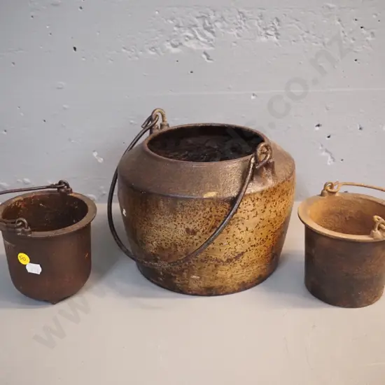 3 vintage glue pots - large outer with crack H-180 D-220  and 2 non-matching smaller inner pots