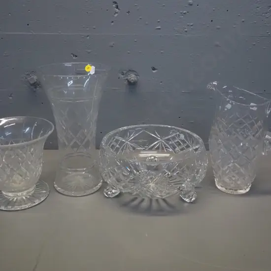 4 cut crystal items - large water jug, salad bowl, 2 vases - taller vase is H-255
