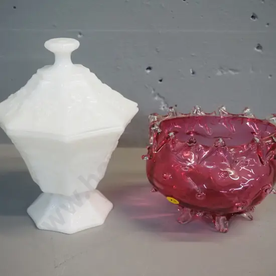 hand-blown ruby glass footed bowl and a moulded milk glass octagonal cover pot H-210