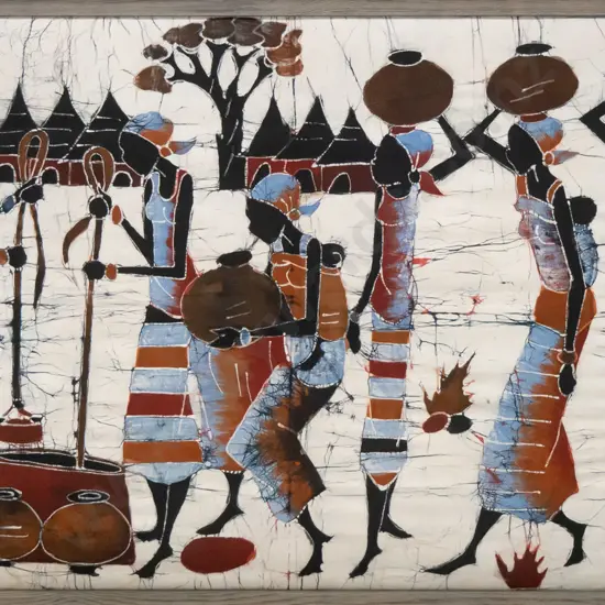 framed batik print - village scene H-630 W-870