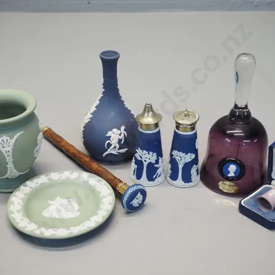 assorted Wedgwood jasperware - dark blue salt & pepper, bud vase H140, glass bell, thimble etc.