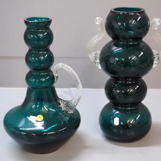 2 glass vases - jade green with clear handles - one pitcher shape, one double handled - taller is H-310 W-190