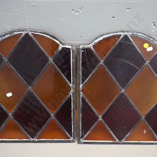 vintage pair of unframed leadlight glass panels - diamond pattern in red and gold, cracks to 2 sections H-380 W-280
