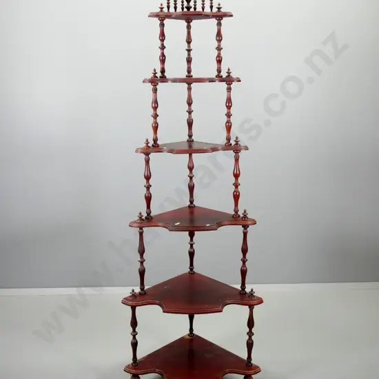 reproduction mahogany large 6-tier corner what-not with spindle upturns - splits to 2 shelves. H-2020 W-700 D-460