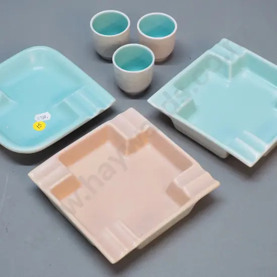 3 Poole ashtrays - 2 teal and 1 apricot - and 3 seagull & teal egg cups